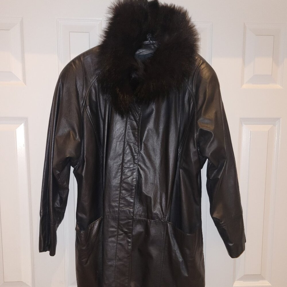 Comint vintage black genuine leather coat with fox style fur collar